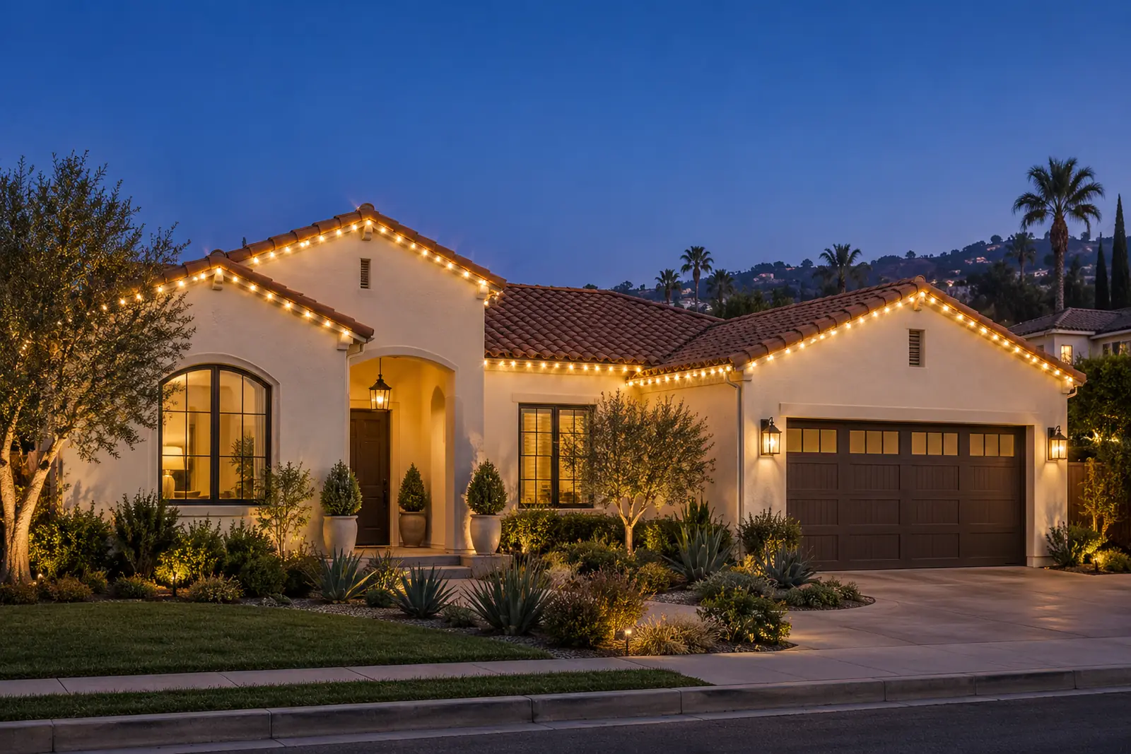 Illustration of a Southern California home with warm Christmas lights along the roofline