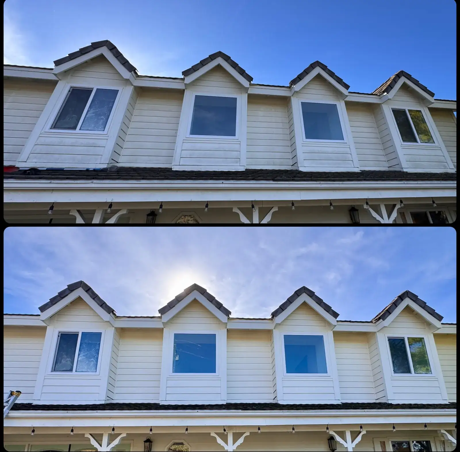 Owner-supplied comparison of exterior cleaning on a two-story house