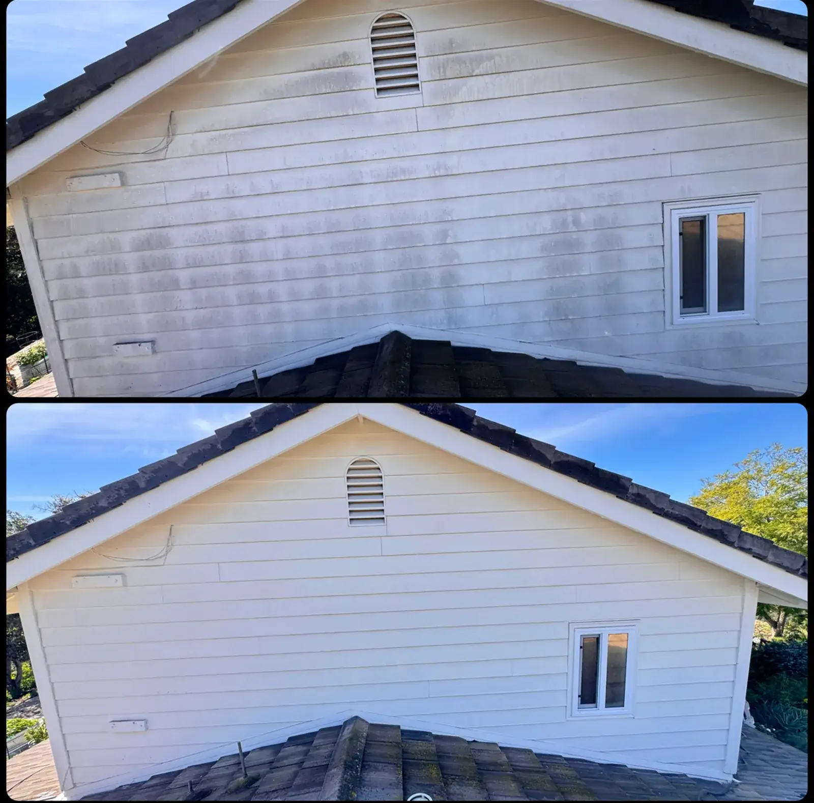 Owner-supplied comparison showing buildup removed from white house siding
