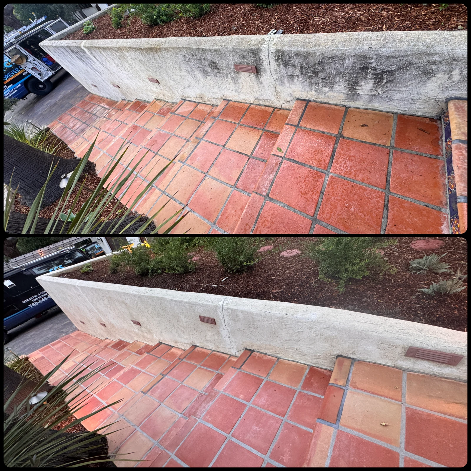 Owner-supplied before and after comparison of a stucco wall beside a tiled patio