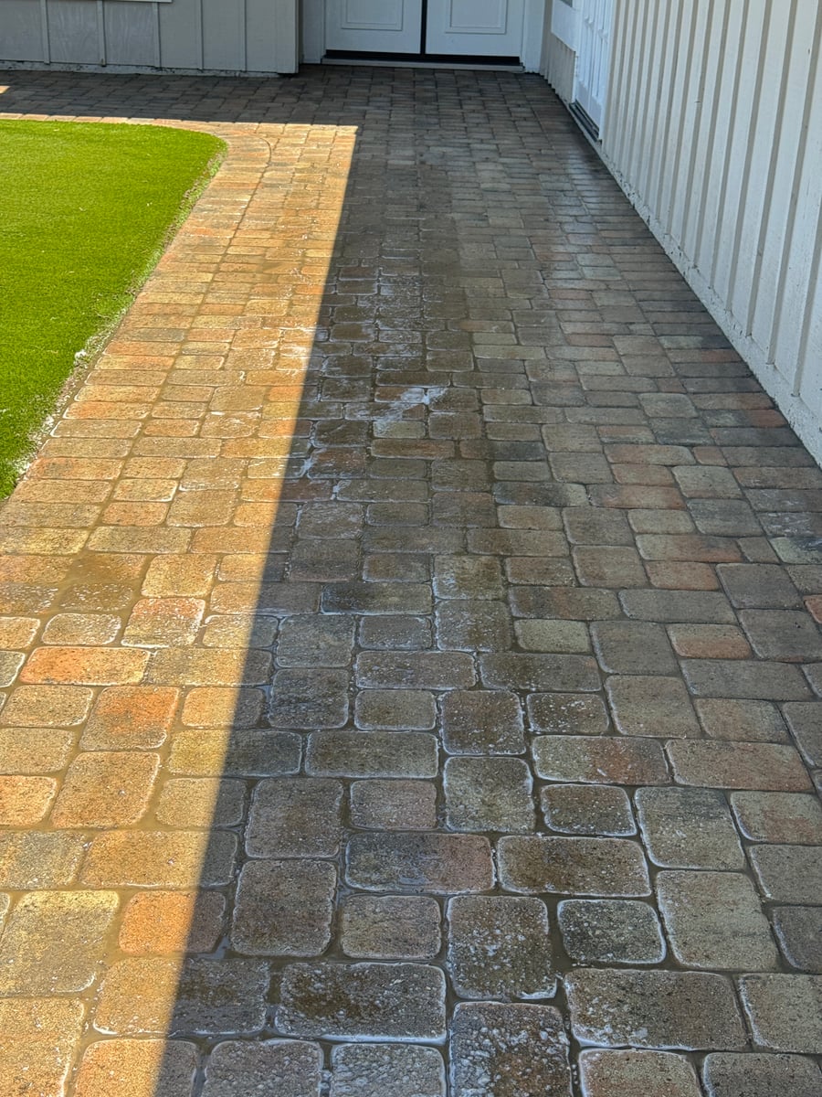 Pressure washing of concrete patio and brick bordered driveway