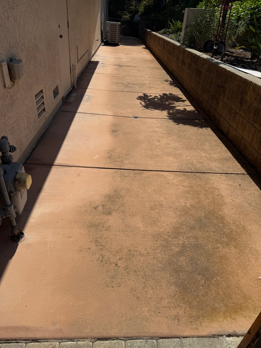 Pressure washing of concrete patio and brick bordered driveway