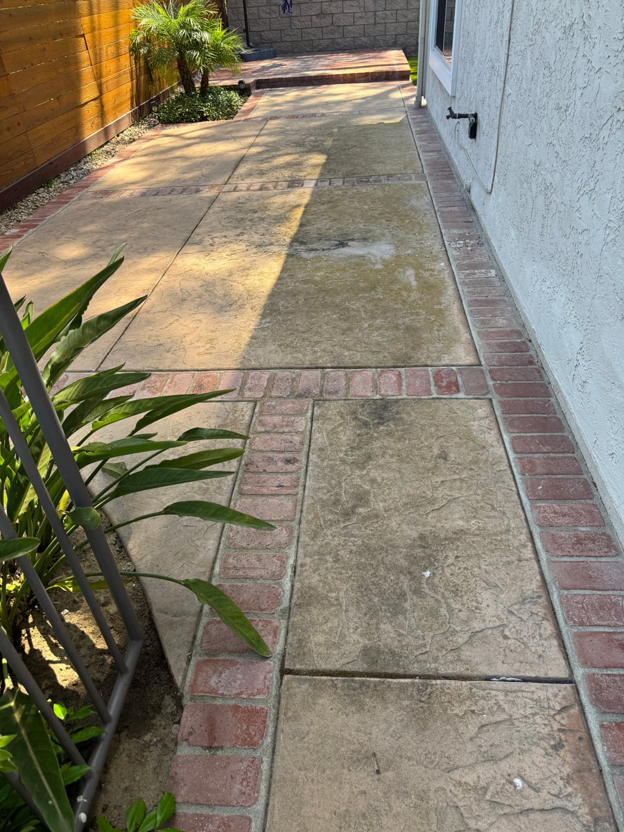 Pressure washing of concrete patio and brick bordered driveway
